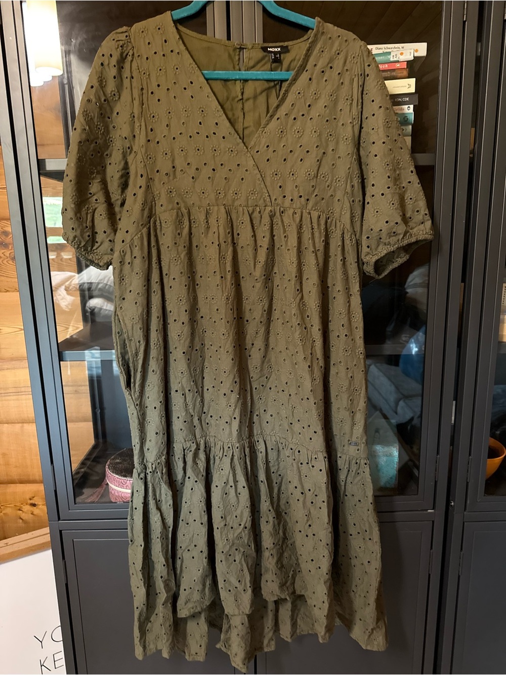 Mexx Olive Eyelet V-Neck Tiered Midi Dress